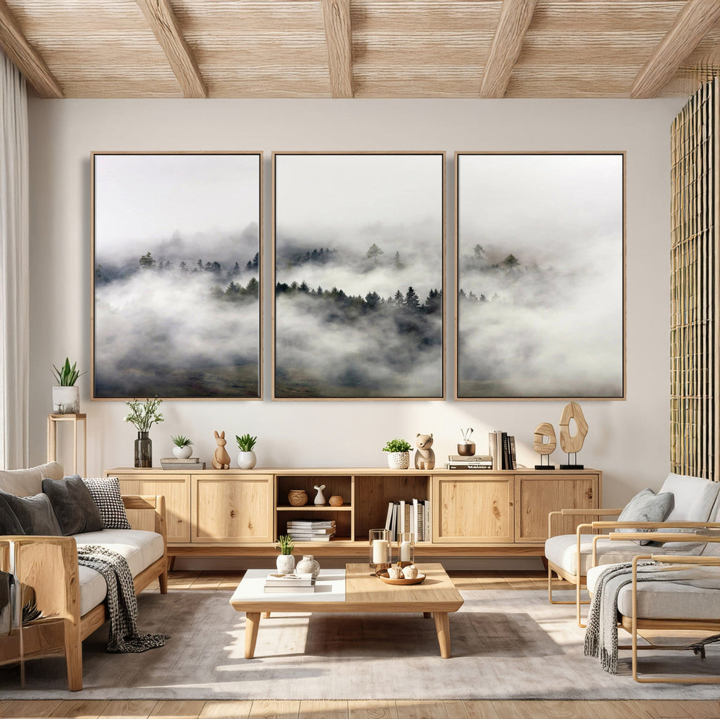 Foggy Forest Wall Art Canvas Print, Misty Pine Tree Landscape