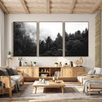 Black White Forest Wall Art Canvas Print, Misty Pine Tree Landscape