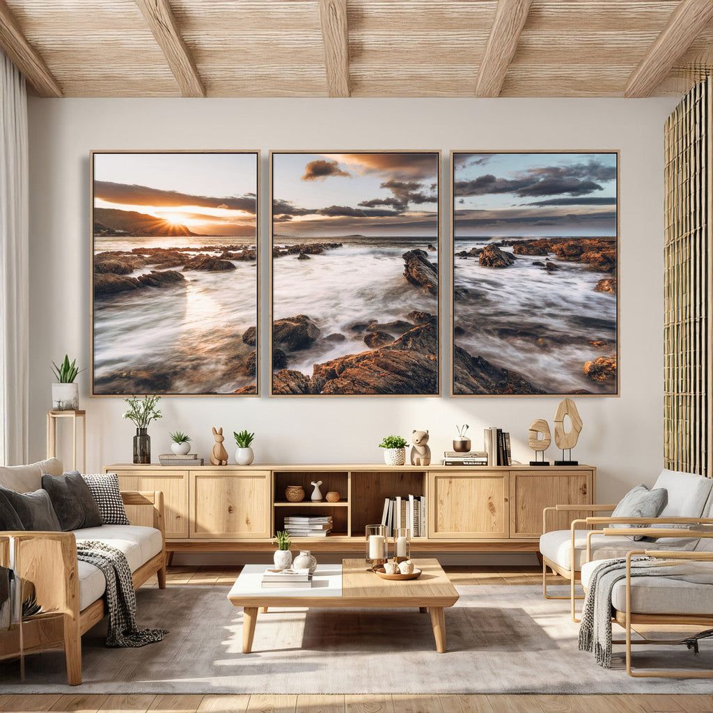 Rocky Coast Ocean Sunset Wall Art Canvas Print, Dramatic Seascape Nature Decor