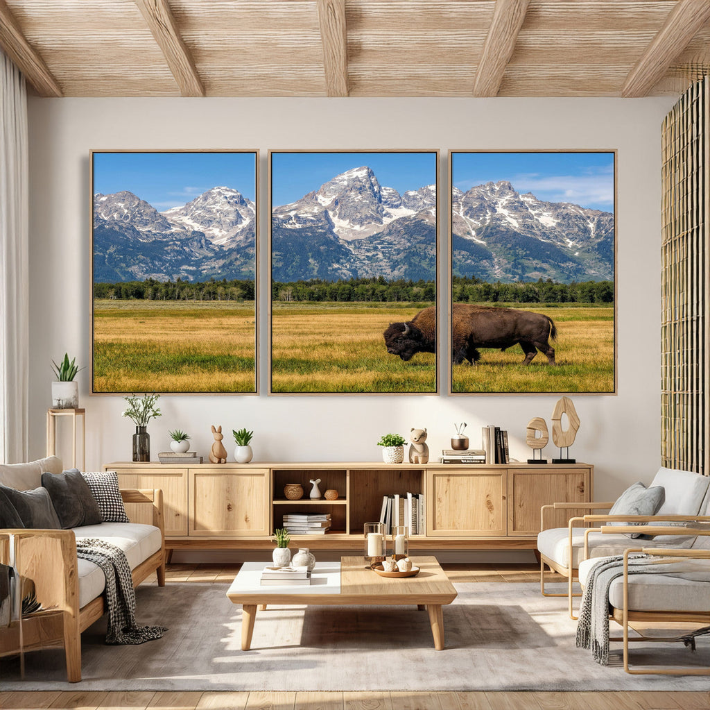 Bison in Mountain Landscape Wall Art Canvas Print, Western Decor