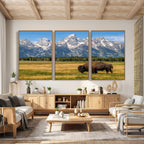 Bison in Mountain Landscape Wall Art Canvas Print, Western Decor