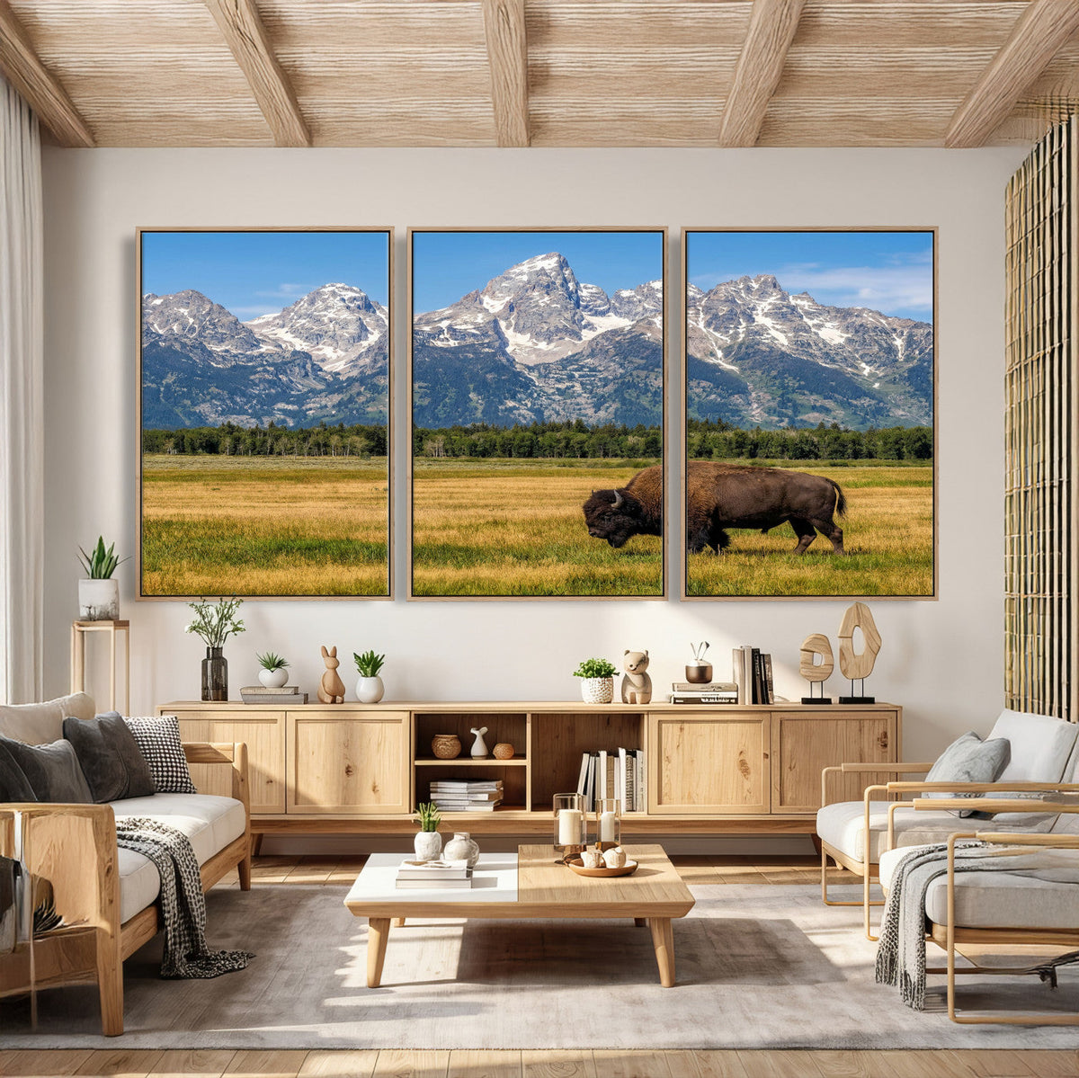 Bison in Mountain Landscape Wall Art Canvas Print, Western Decor