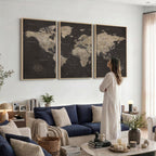 World Map Canvas Wall Art, Dark Charcoal and Antique Tan Detailed Map