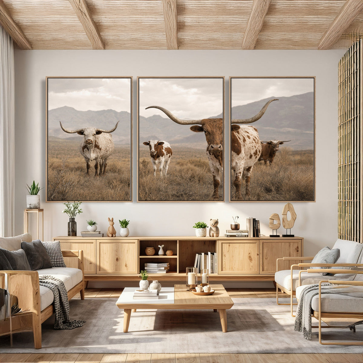 Rustic Texas Longhorn Cow Canvas Wall Art Print, Farm Animal Photography