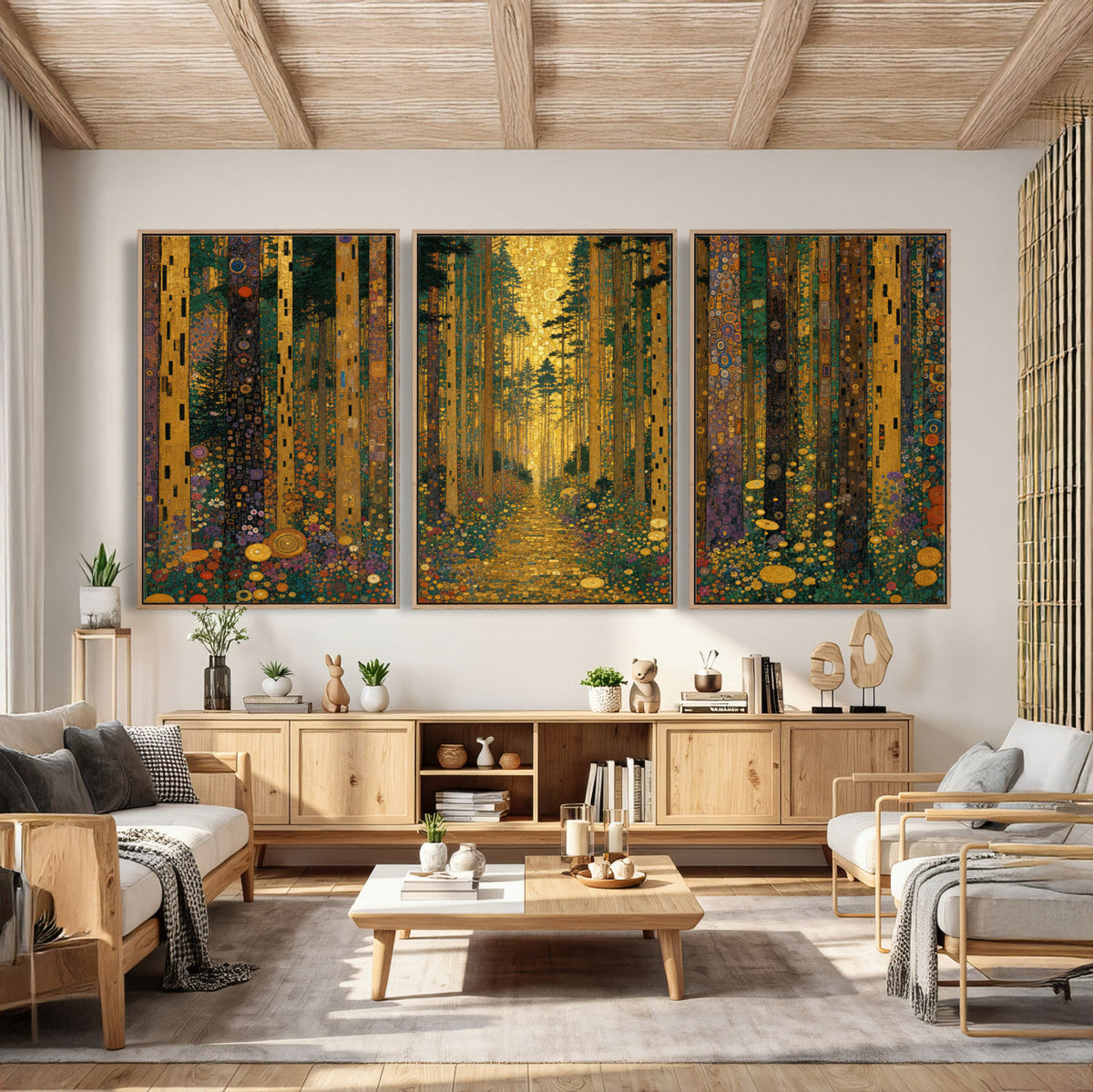 Gustav Klimt Style Forest Canvas Wall Art, Golden Forest Path Floral Art Nouveau Print