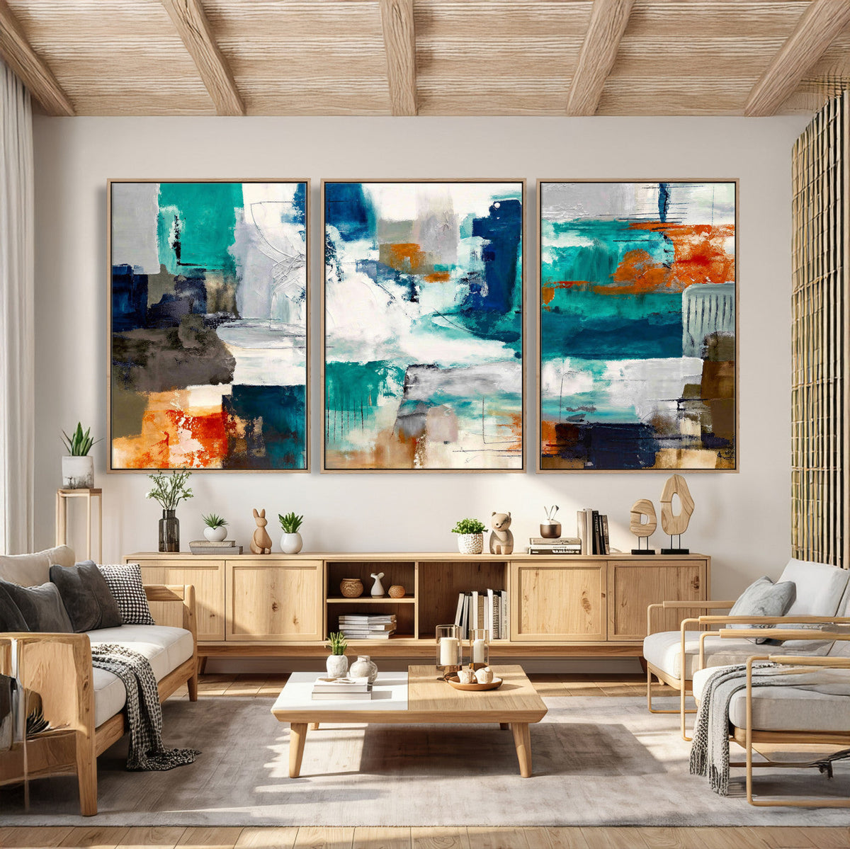 Blue Teal Abstract Canvas Wall Art, Modern Brushstroke Style Print, Navy Orange Contemporary Decor