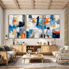 Blue Teal Abstract Canvas Wall Art, Modern Brushstroke Style Painting Print, Navy Orange Contemporary Decor