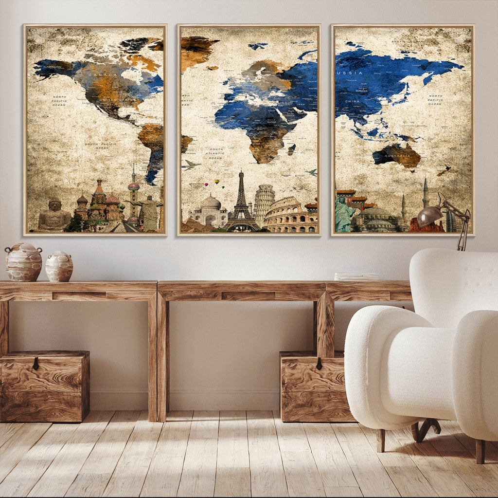 World Map Canvas Print | Vintage Blue and Gold World Map Wall Art