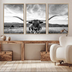 Longhorn Black and White Wall Art | Rustic Western Bull Canvas Print