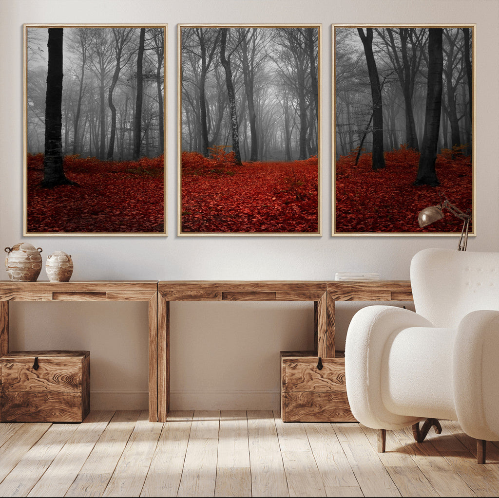Red Forest Floor Canvas Wall Art | Mystical Foggy Woodland Triptych