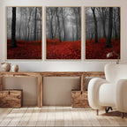 Red Forest Floor Canvas Wall Art | Mystical Foggy Woodland Triptych