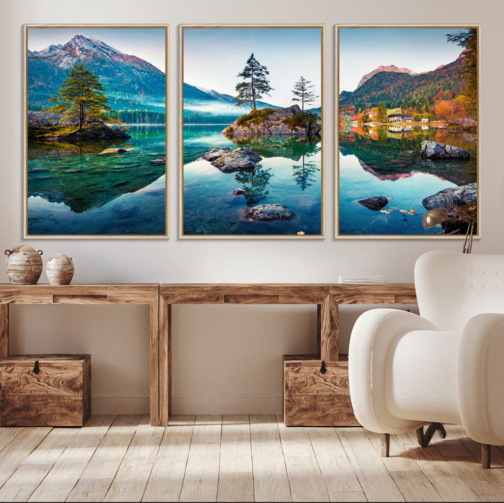 Crystal Clear Lake Wall Art | Mountains Wall Art Canvas | 3 Panel Landscape