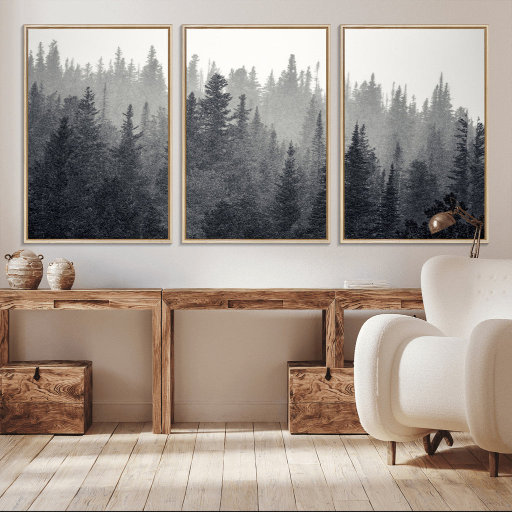 Misty Forest Canvas Wall Art | Monochrome Triptych Pine Tree Print