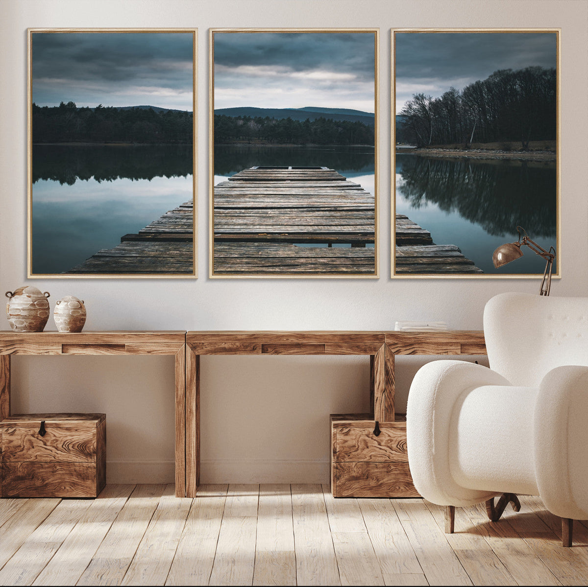 Wooden Bridge Near Lake Wall Art Canvas Print