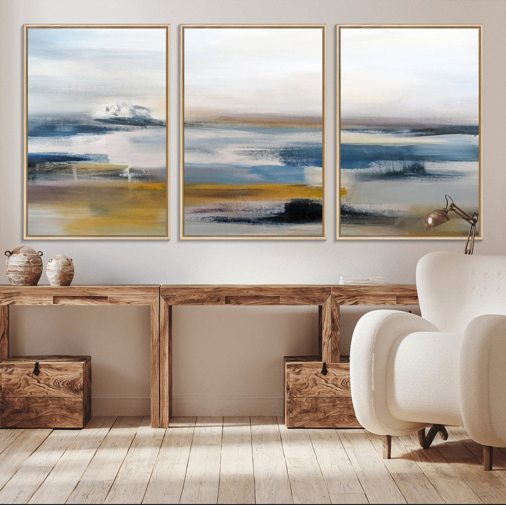 Abstract Landscape Wall Art Canvas | 3 Panel Modern Blue, Gold and White Canvas Art