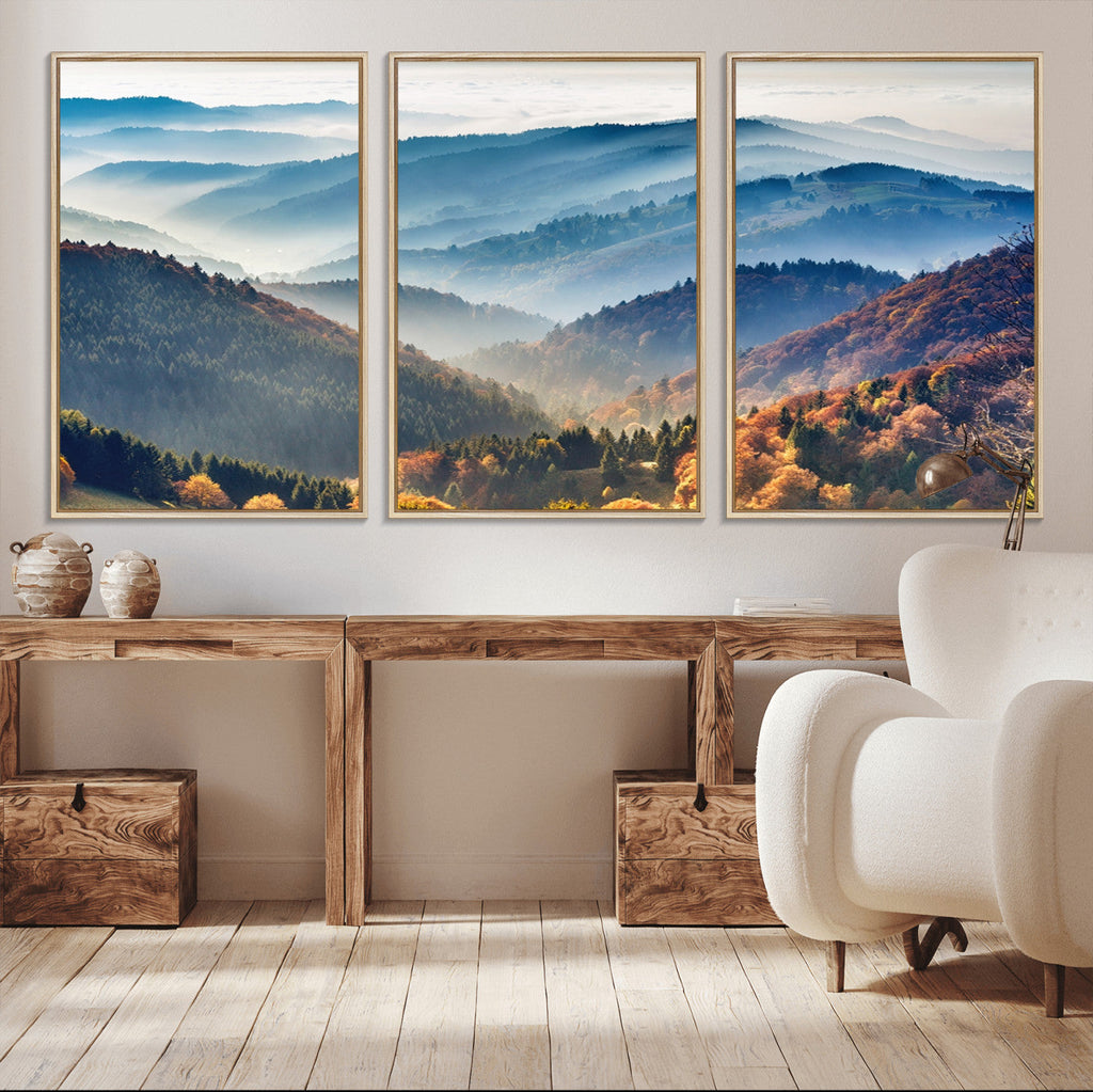 Misty Mountain Sunrise Triptych Canvas Print | Autumn Landscape Wall Art