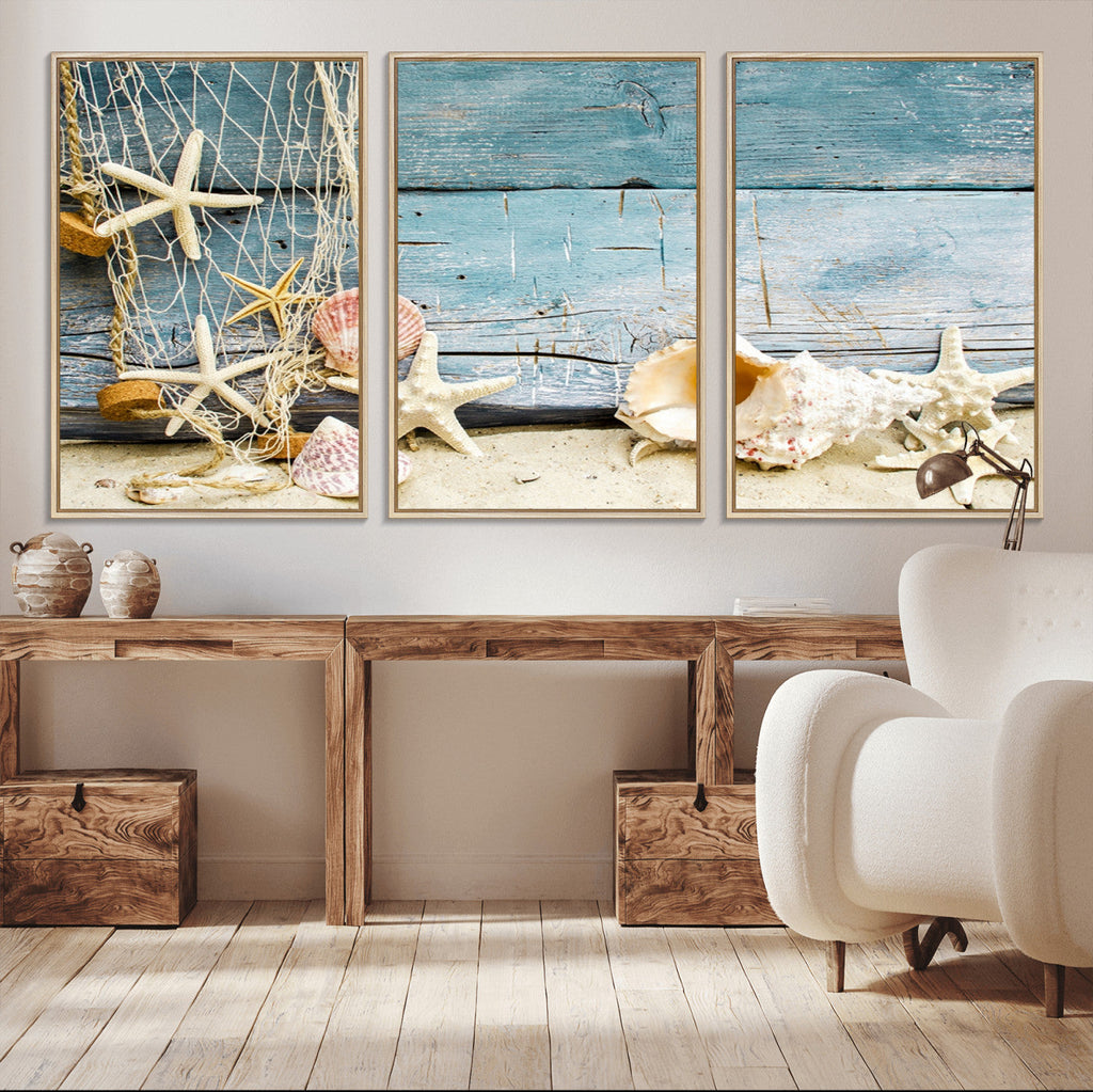 Seashells on Rustic Wooden Background, Seashells Wall Art