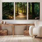 Sunlit Forest Pathway Canvas Print | 3 Panel Large Nature Wall Art