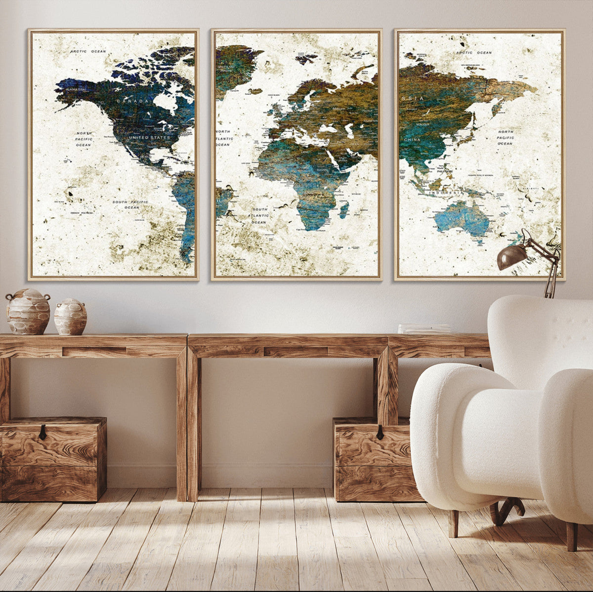 Vintage World Map Wall Art Canvas Print, Framed Rustic Earth Tone Map