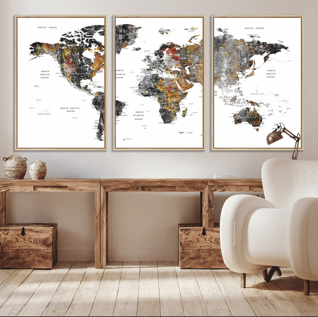 Modern Metallic World Map Canvas Wall Art | Framed Contemporary World Map Print