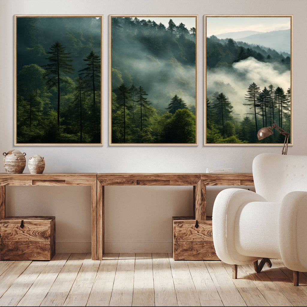 Misty Forest Wall Art Premium Canvas Print, Foggy and Serene Atmosphere
