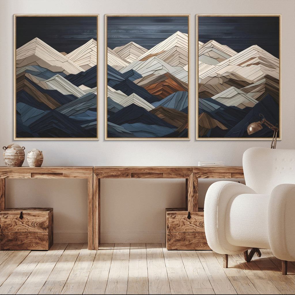 Rustic Mountain Landscape Wall Art Canvas Print, Framed 3D Wooden Effect Mountain Art
