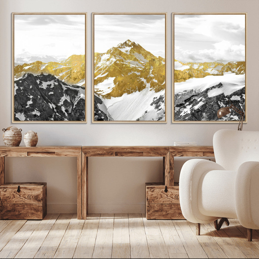 Gold Abstract Mountains Wall Art Print on Canvas, Nature Wall Art Print