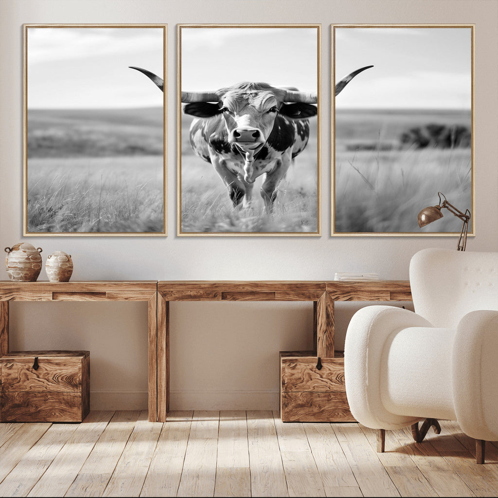 Texas Cow Longhorn Wall Art Canvas Print for Farm House Wall Art, Framed and Ready to Hang