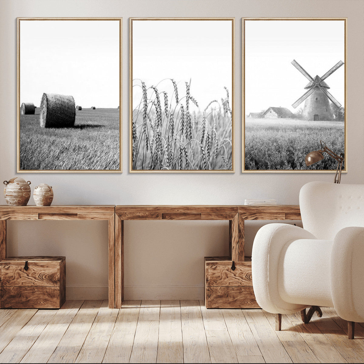 Vintage Farmhouse Black and White Triptych Wall Art, Giclee Canvas with Wheat Fields, Hay Bales and Windmill