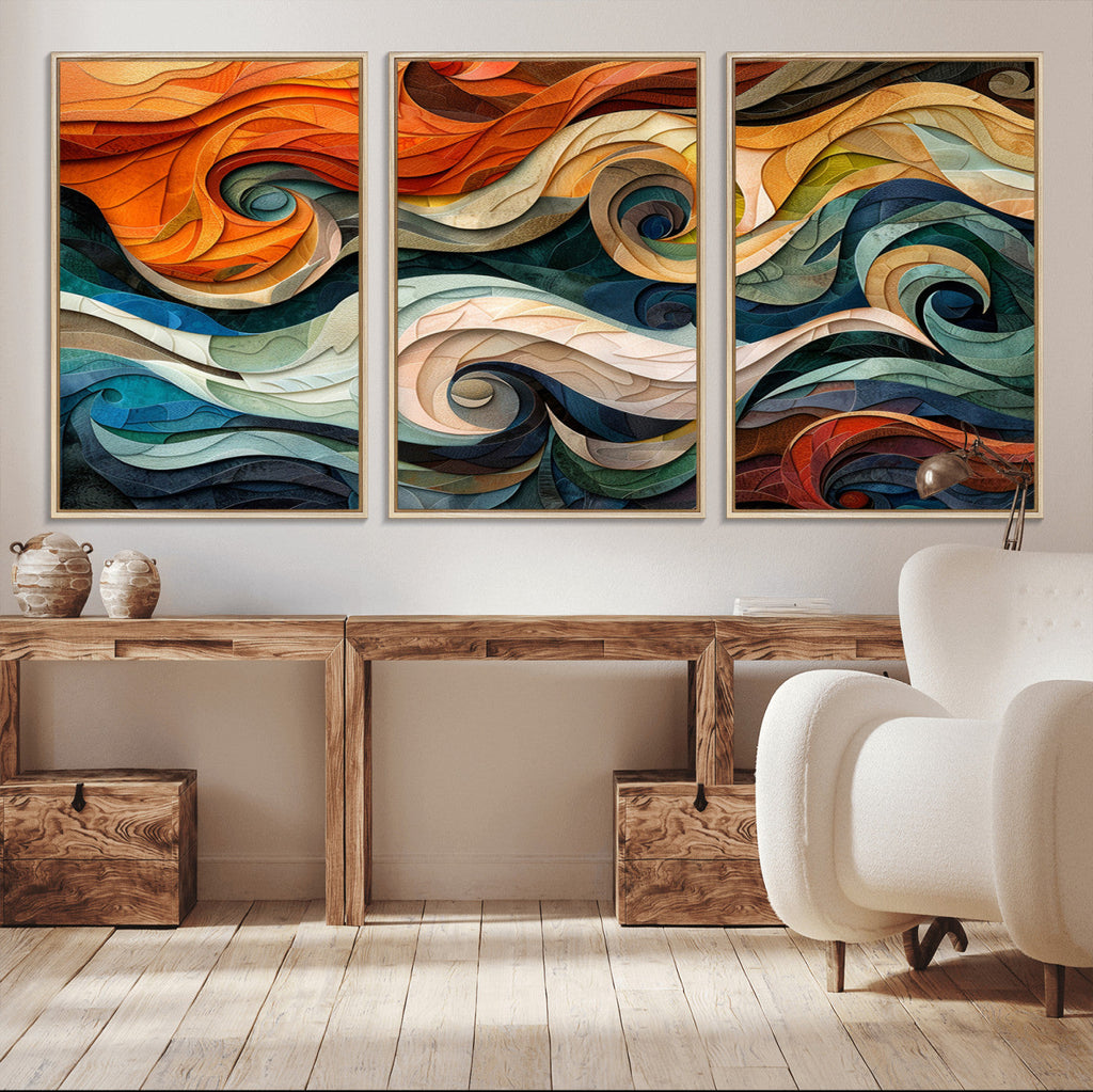 Abstract Wave Wall Art, Ready to Hang Framed Canvas Print | Extra Large 3 Piece Canvas Wall Art