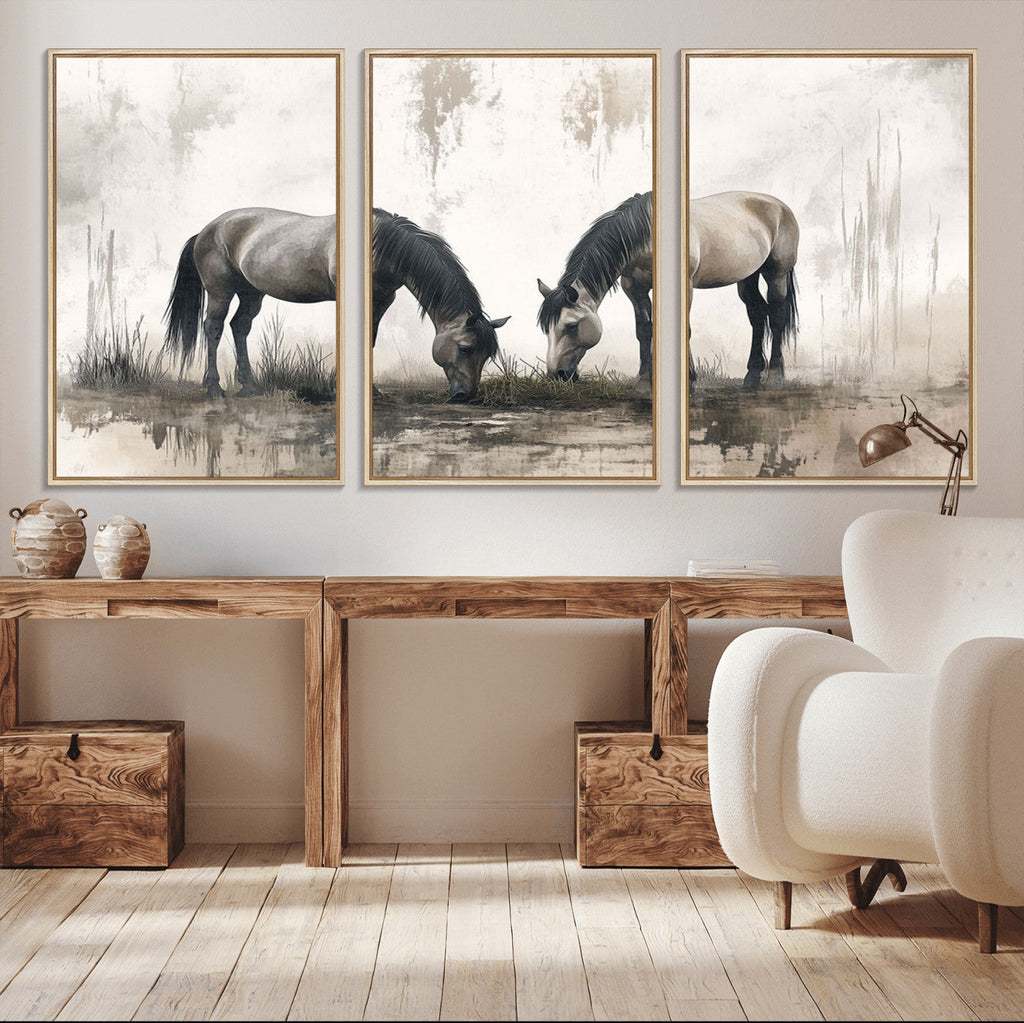 Chinese Ink Style Vintage Horses Wall Art Canvas Print