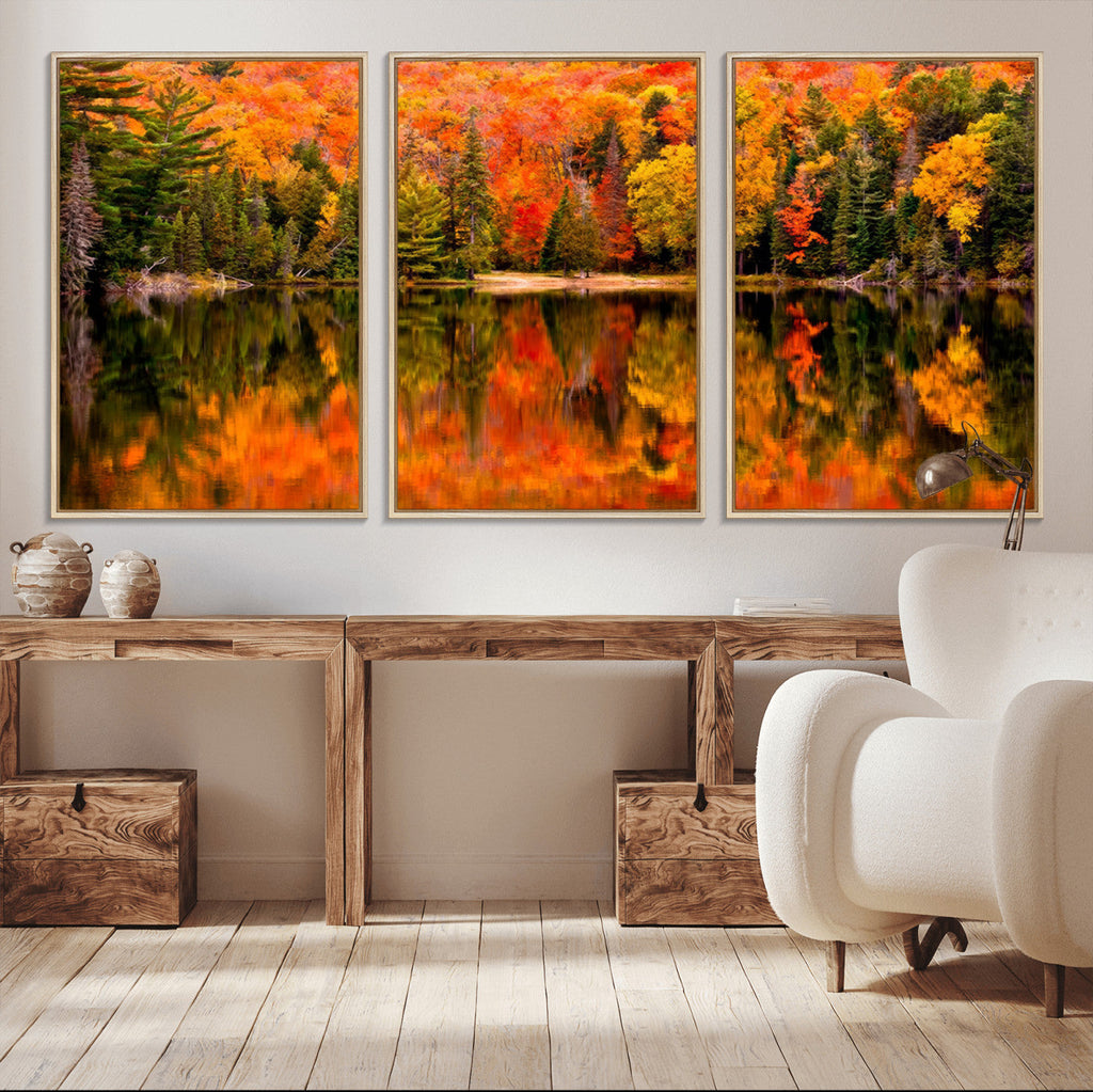 Forest Reflection Art | Autumn Forest Reflection Wall Art | Triptych Canvas Print