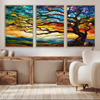 Vibrant Mosaic Tree of Life Wall Art, Stained Glass Style Canvas Print