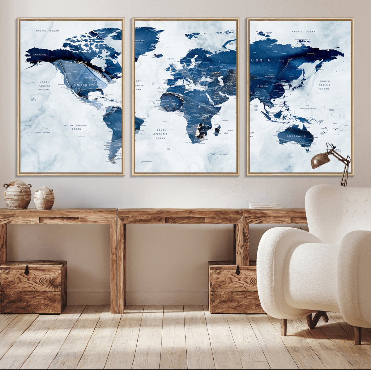 Modern Blue World Map Canvas Print | Elegant Travel Map Wall Art for Home Office