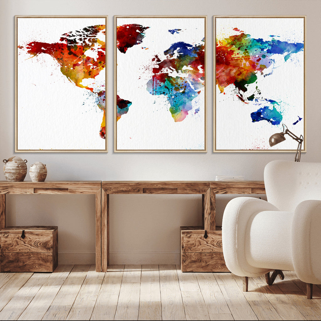 Colorful World Map Canvas Wall Art Print, Contemporary Global Map Artwork