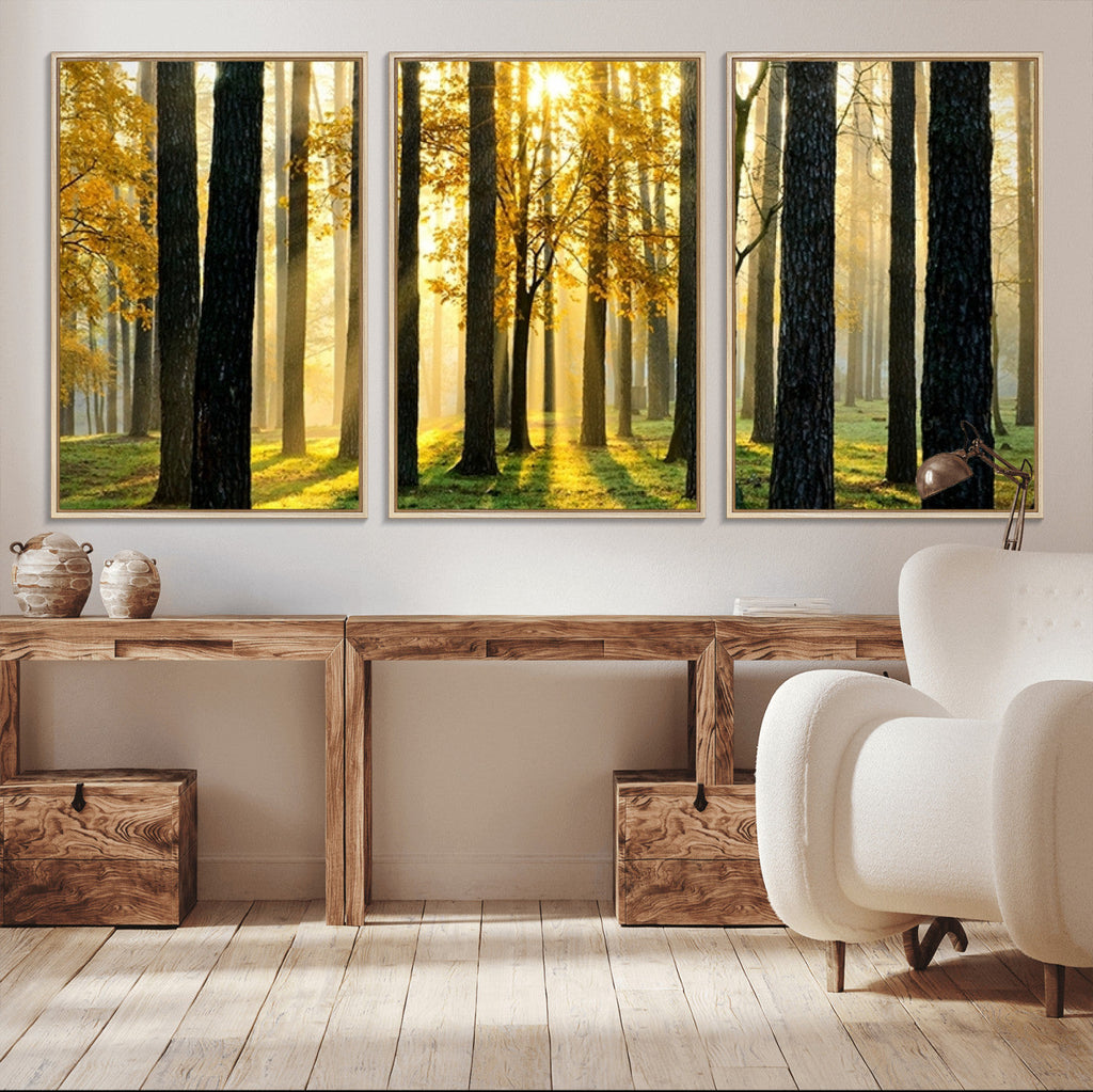 Sunlit Forest Wall Art Canvas Print, Large Framed Woodland Scene with Golden Light
