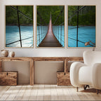 Suspension Bridge Over River Canvas Art | 3-Panel Nature Wall Art