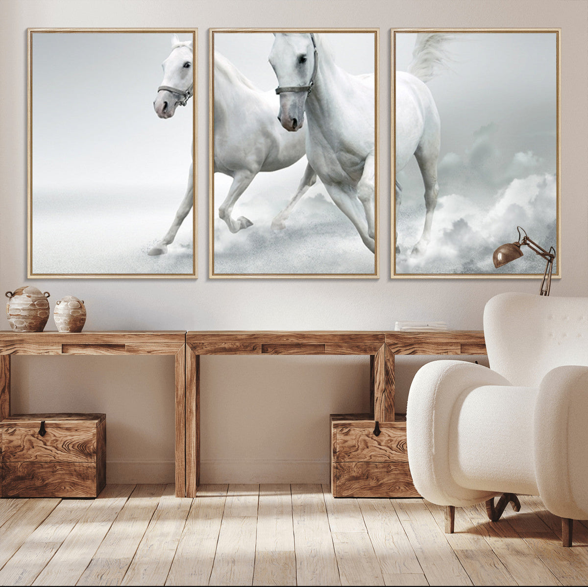 Large Wall Art Canvas Print, Beautiful Running White Horses