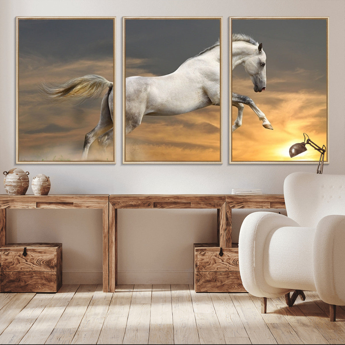 Large Wall Art Canvas Print, White Jumping Horse at Sunset