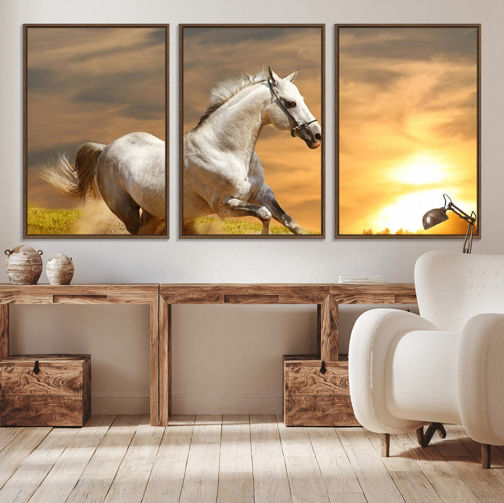 Large Wall Art Galloping White Horse at Sunset Canvas Print