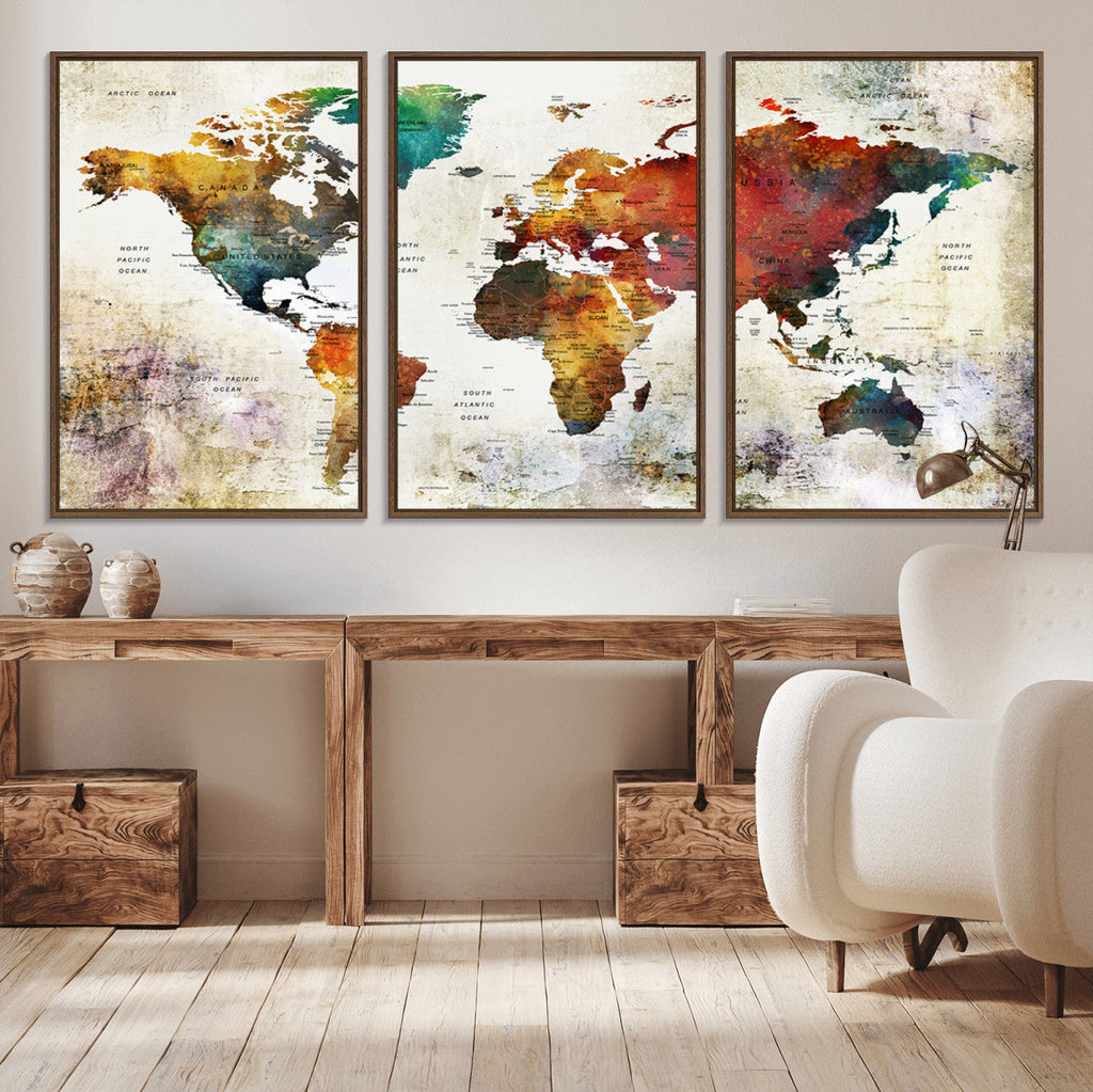 Watercolor World Map Canvas Print | Framed Travel Map Wall Art for Couples