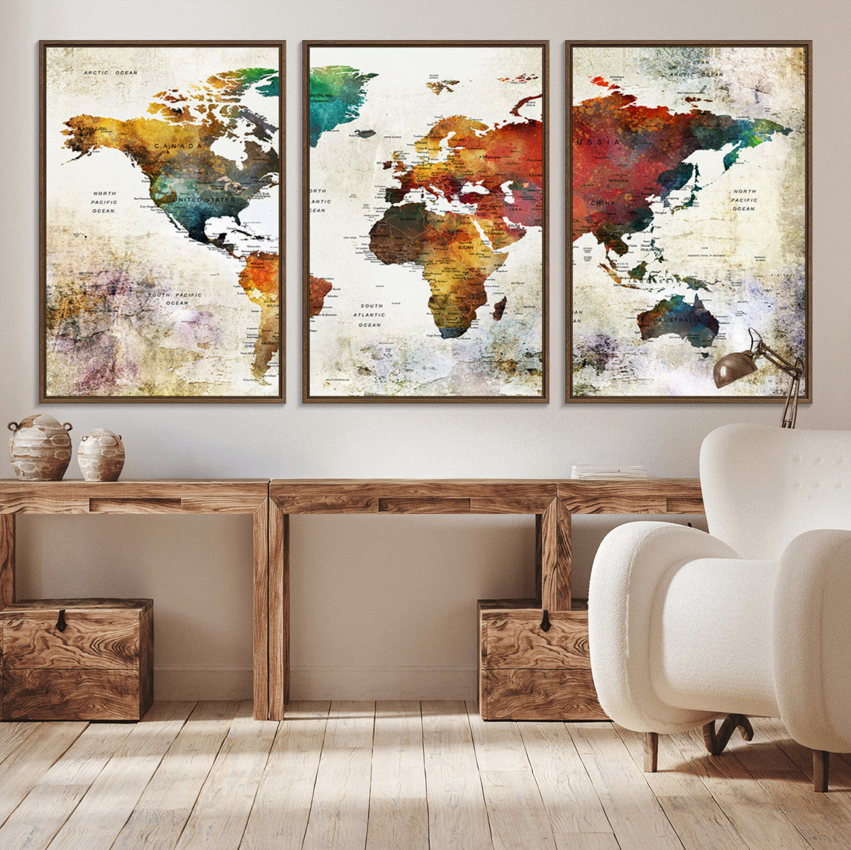 Watercolor World Map Canvas Print | Framed Travel Map Wall Art for Couples
