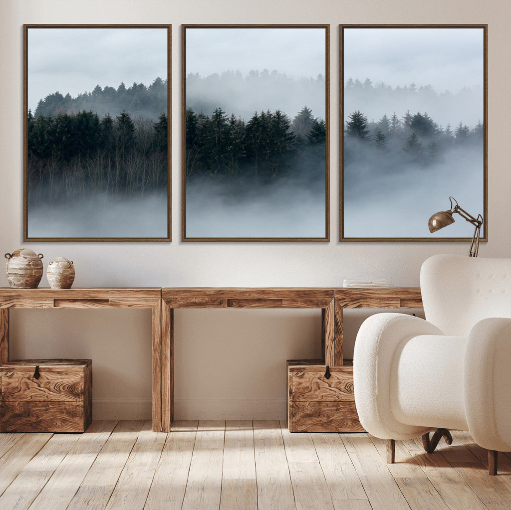 Autumn and Misty Trees in the Forest Wall Art Canvas Print, Foggy Forest Mountain Wall Art