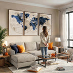 Vintage Blue World Map Canvas Wall Art | Antique Style Framed Map Print