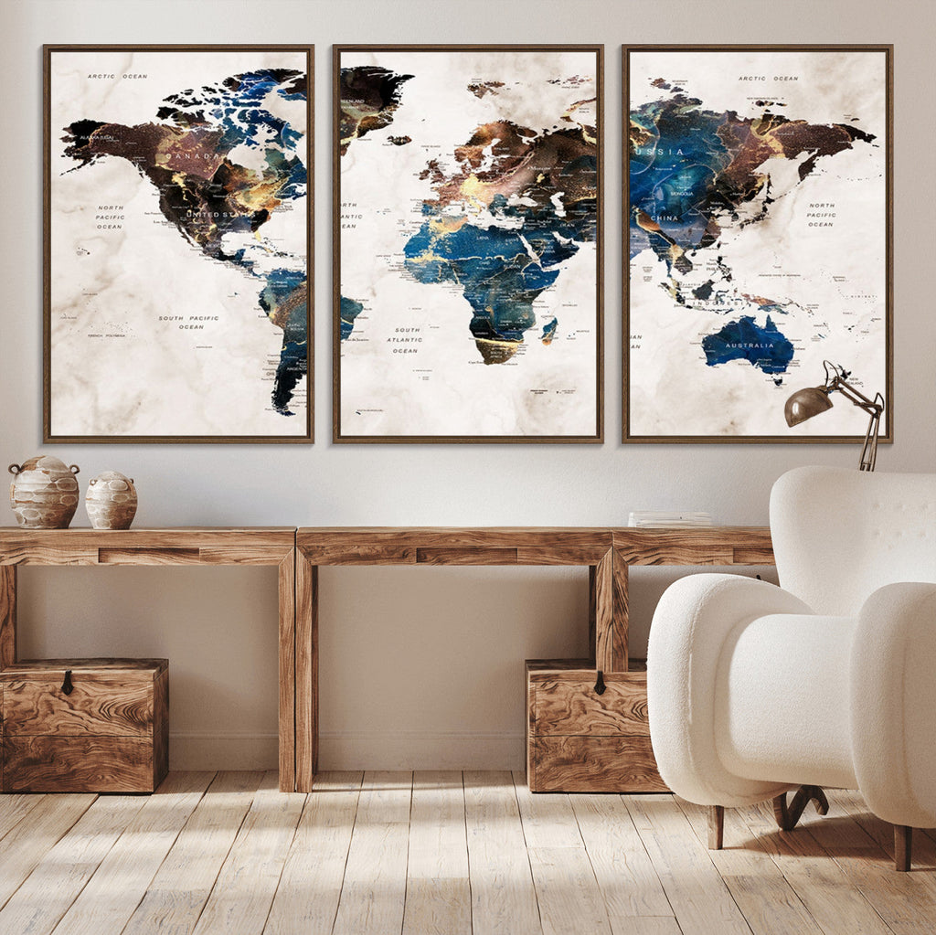 Abstract Earth Tone Blue World Map Canvas Print | Framed Travel Map Wall Art