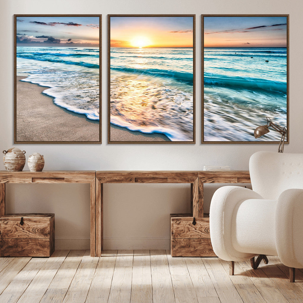 Sunset Beach Waves Canvas Wall Art | Ocean Sunset Coastal Print