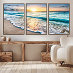 Sunset Beach Waves Canvas Wall Art | Ocean Sunset Coastal Print