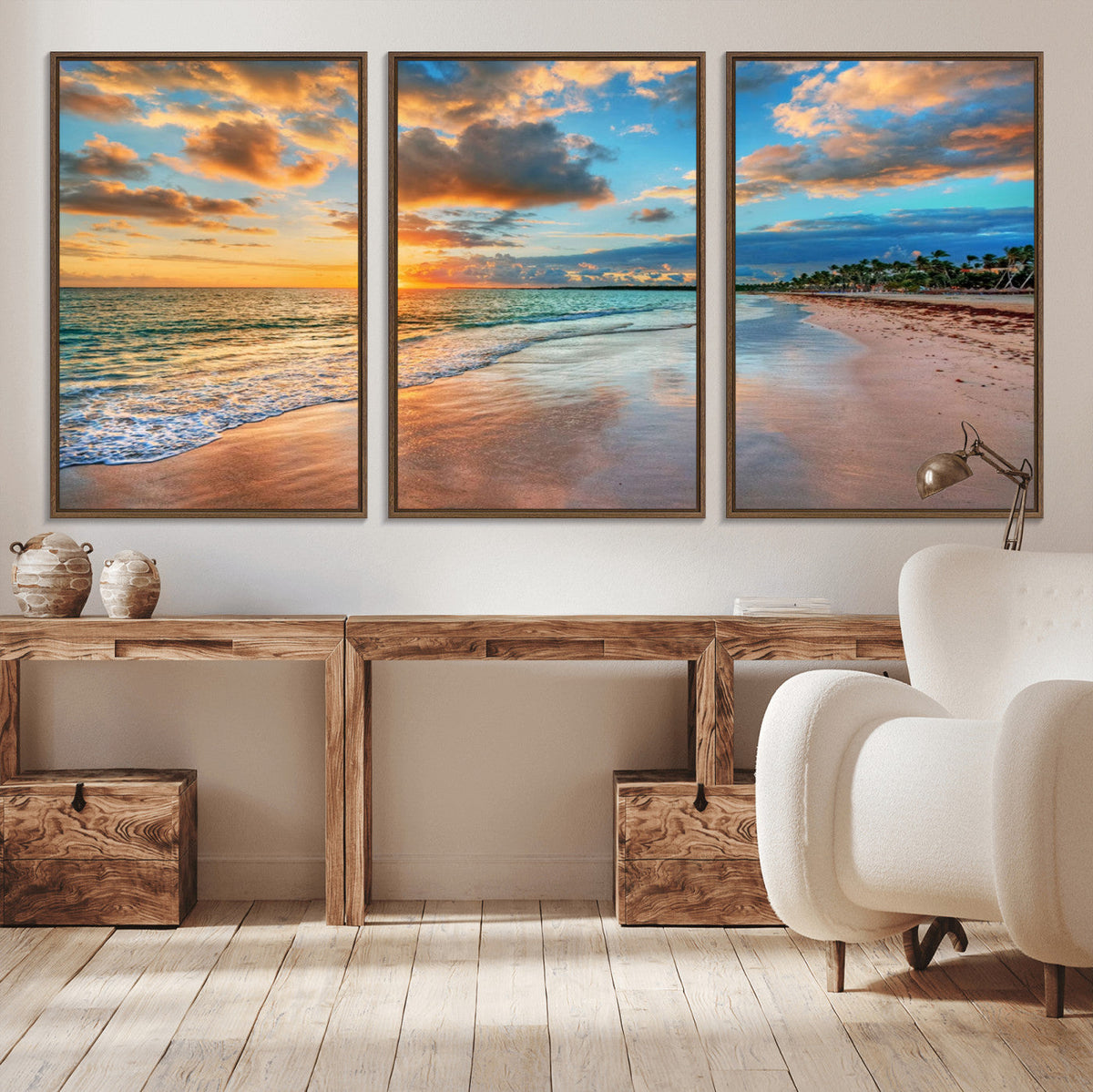 Sunset Beach Canvas Wall Art | Tropical Triptych Seascape Print