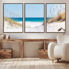 Serene Coastal Dune Path with Ocean View, 3-Panel Beach Canvas Wall Art