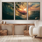 Ocean Wave Sunset Canvas Wall Art | Triptych Seascape Print